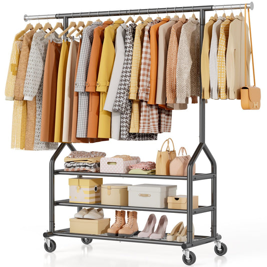 EAGMAK Heavy Duty Clothes Rack Load 556 LBS, Rolling Clothing Rack With 3 Shelves, Adjustable Metal Clothes Hanger with Wheels, Portable Wardrobe Organizer Garment Rod for Hanging Clothes (Black)