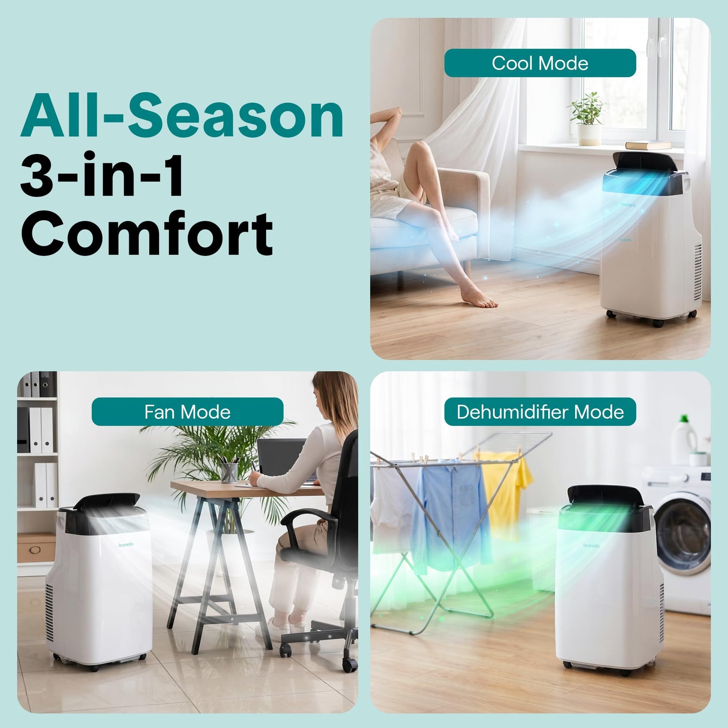 SereneLife Portable Air Conditioner, Dehumidifier & Fan | 3-in-1 8,000 BTU AC With Temperature Ranges 64°F–90°F & Cools 350 SQ FT | Includes 3 Fan Speeds, Remote Control, & Window Exhaust Kit | White