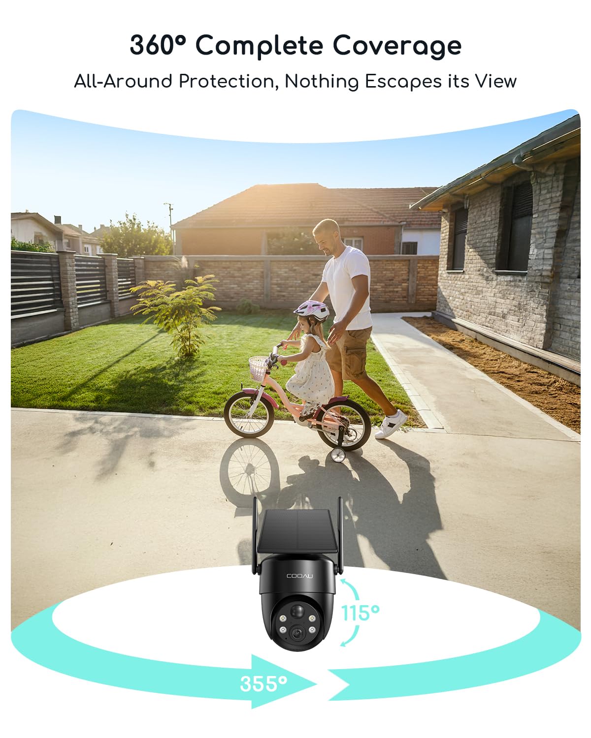 COOAU Cameras for Home Security, 2K 360° Solar Security Cameras Wireless Outdoor, Low-Light Rechargeable, Easy to Install, Surveillance Cam with AI Smart Detection,Color Night Vision,Two-way Audio