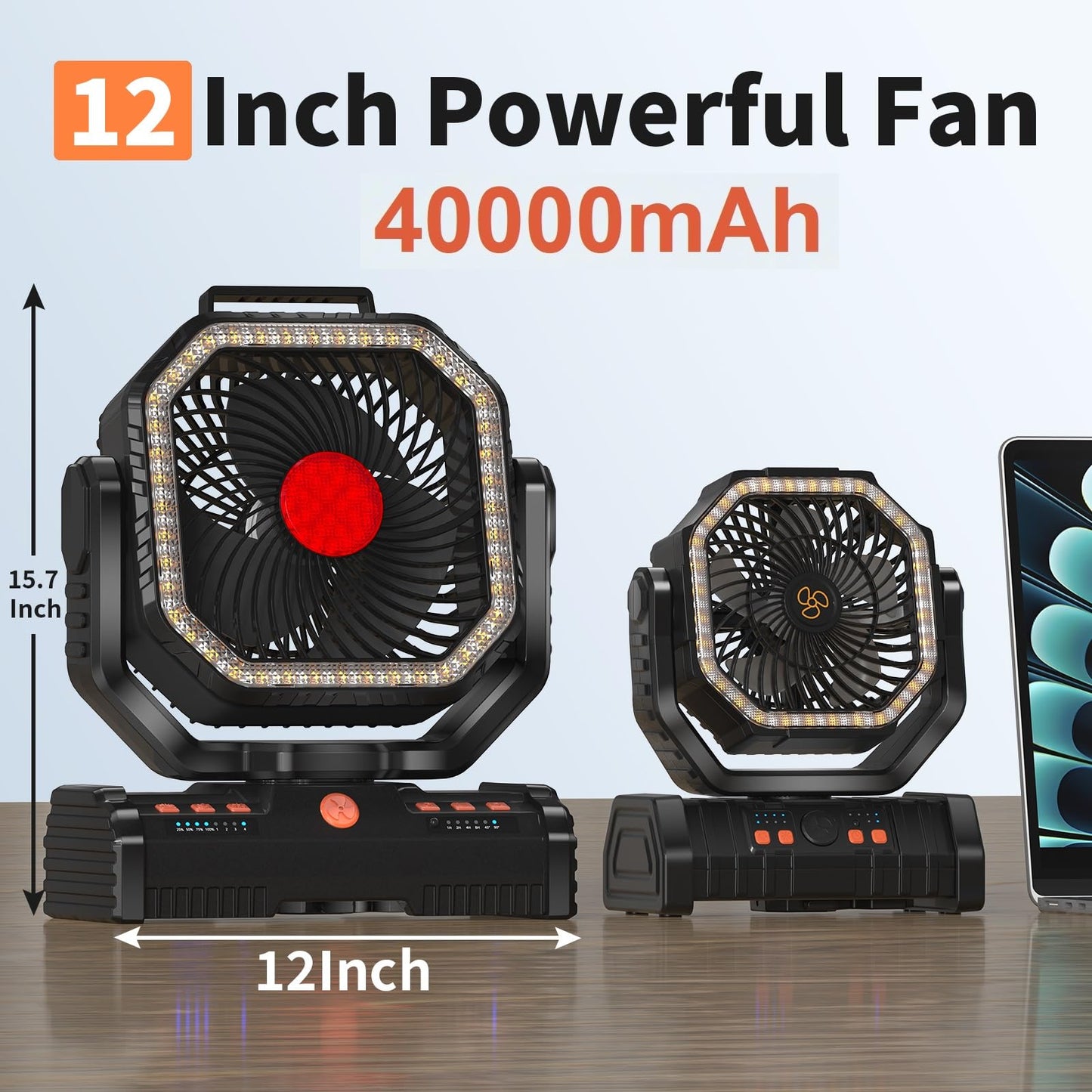 EEIFO 12 Inch Camping Fan,40000mAh Portable Fan with LED Lantern Light,Cool white & Warm White Dimmable Fans, Oscillating Fan with 360° Rotation Hanging Hook for Tents, Cordless USB Desk Fan(Black)