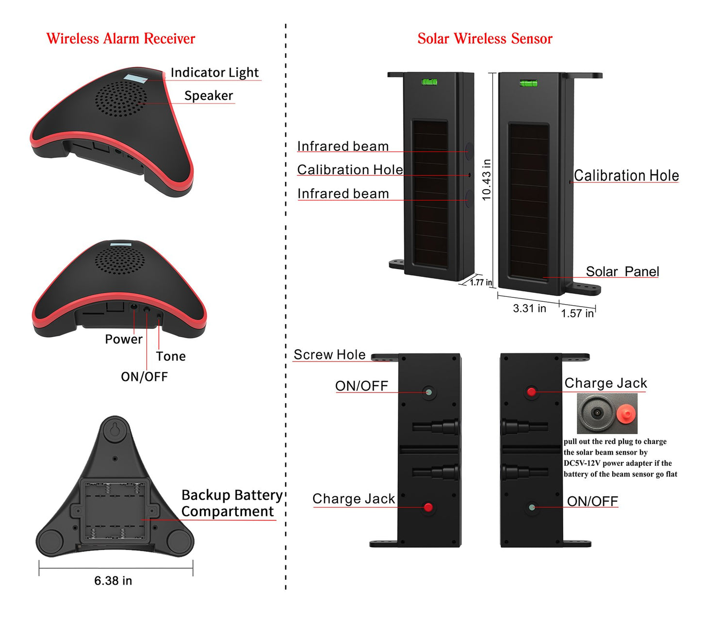 HTZSAFE Solar Wireless Driveway Alarm System- 1/4 Mile Long Transmission Range- 190 Feet Wide Sensor Range- No Wiring No Need Replace Battery- Outdoor Weatherproof DIY Security Perimeter Alert System