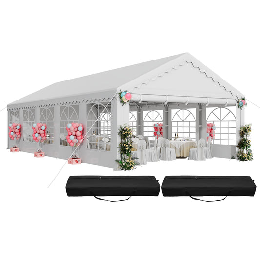 DWVO 16x32FT White Wedding Event Tents Pavilion, White Heavy-Duty Canopy with Enhanced Galvanized Ripple Frame, Spacious Roof, Detachable Side Panels, and 2 Handy 600D Oxford Storage Pouches