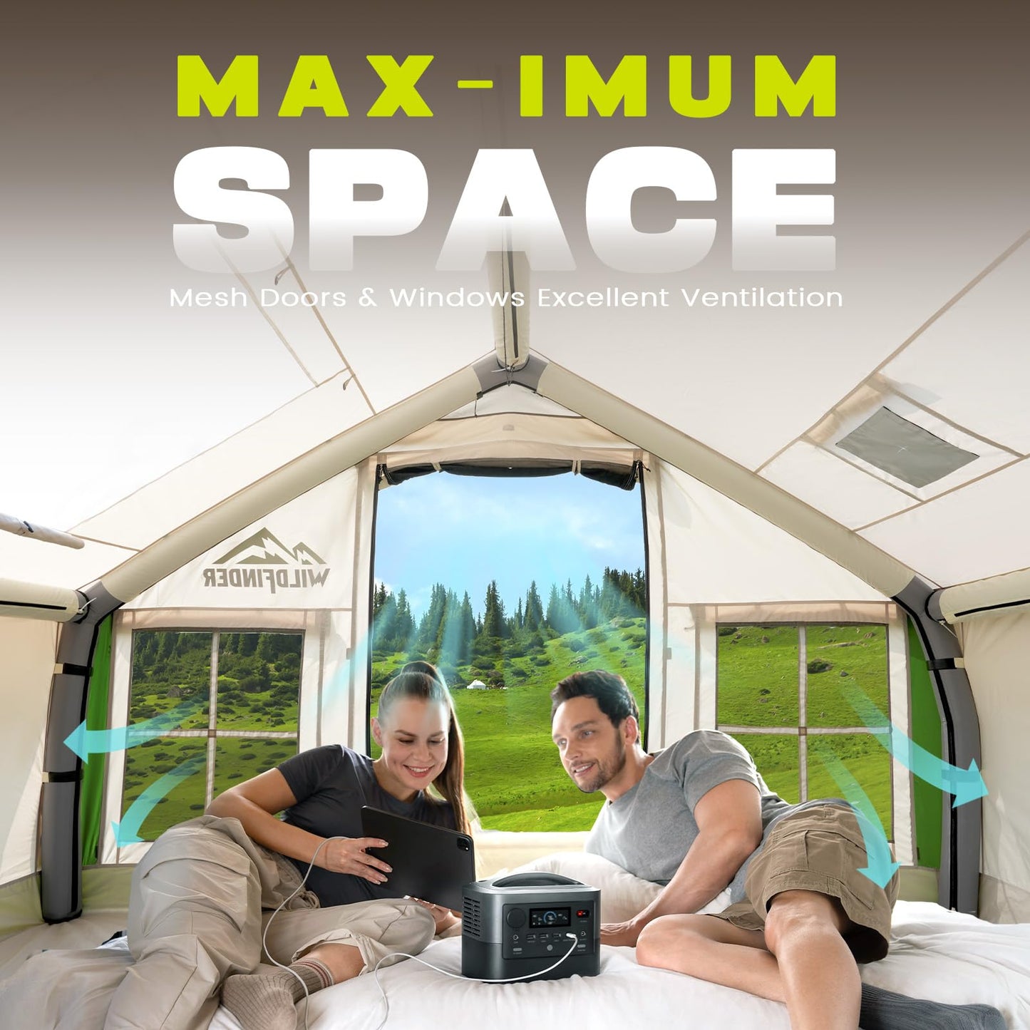 Inflatable Tent with Skylight & Awning, Quick Setup Blow Up Tents with Pump, Hot Tent with Stove Jack, Waterproof Oxford Inflatable House for Camping, Air Glamping Tents for Camping Adult 4-6 Person