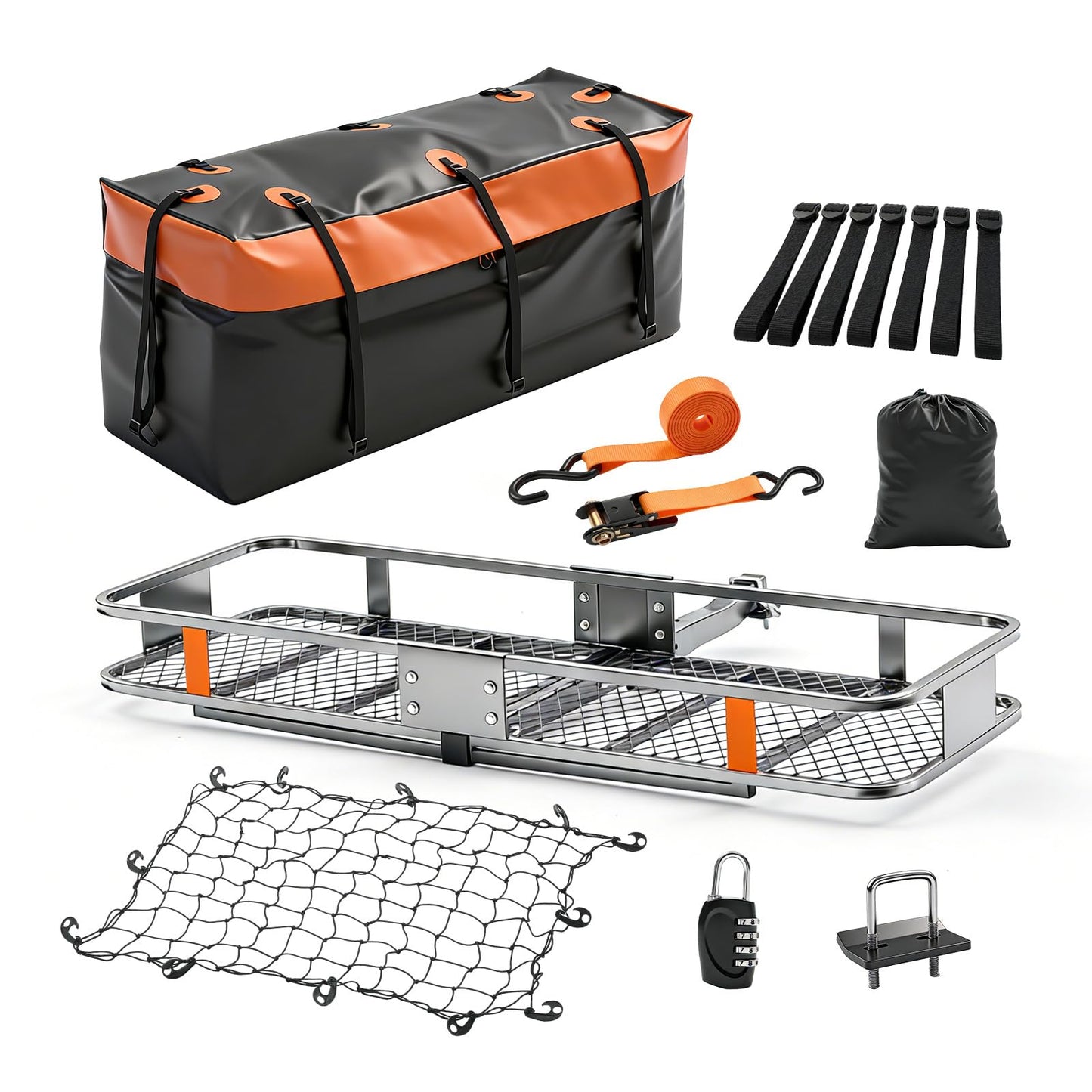 KMFurnila Folding Hitch Mount Cargo Carrier, 60.1" x 20" x 6" Steel Rack with 500 lbs Capacity, Includes Waterproof Bag, Cargo Net, Combination Lock, Straps and Hitch Stabilizer