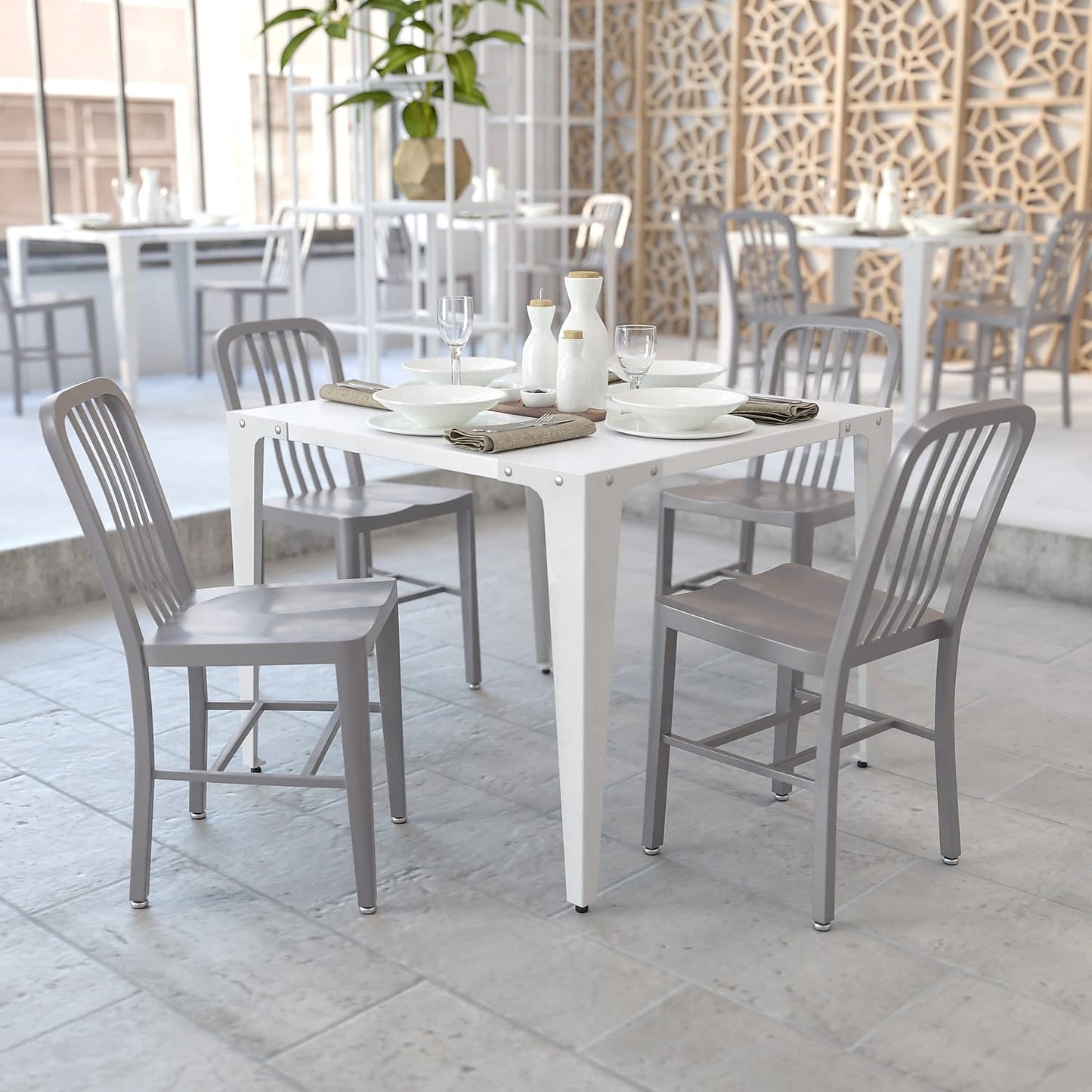 Flash Furniture Gael Indoor/Outdoor Modern Metal Dining Chairs, Commercial-Grade Galvanized Steel Restaurant Chairs, Set of 2, Silver