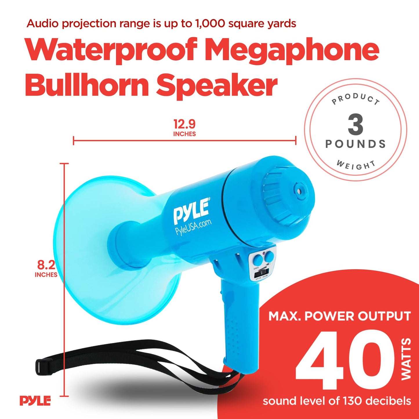 Pyle 40W Portable PA Megaphone with Alarm Siren, Adjustable Volume, Marine Grade Waterproof Construction, 1000-Yard Range, Lightweight Handheld, Requires 8 AA Batteries - Ideal for Indoor/Outdoor Use