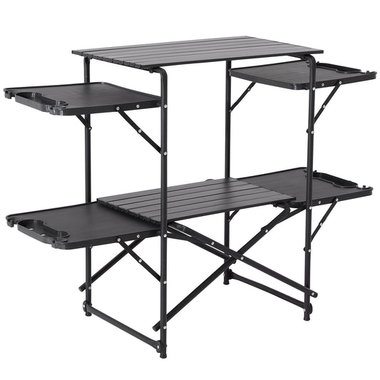 Foristrail Slim-Fold Camping Kitchen Table, Metal Folding Portable Outdoor Cook Station with 4 Side Tables, 2 Storage Shelves & Carrying Bag, Heat Resistant Quick Set-Up for Picnic BBQ