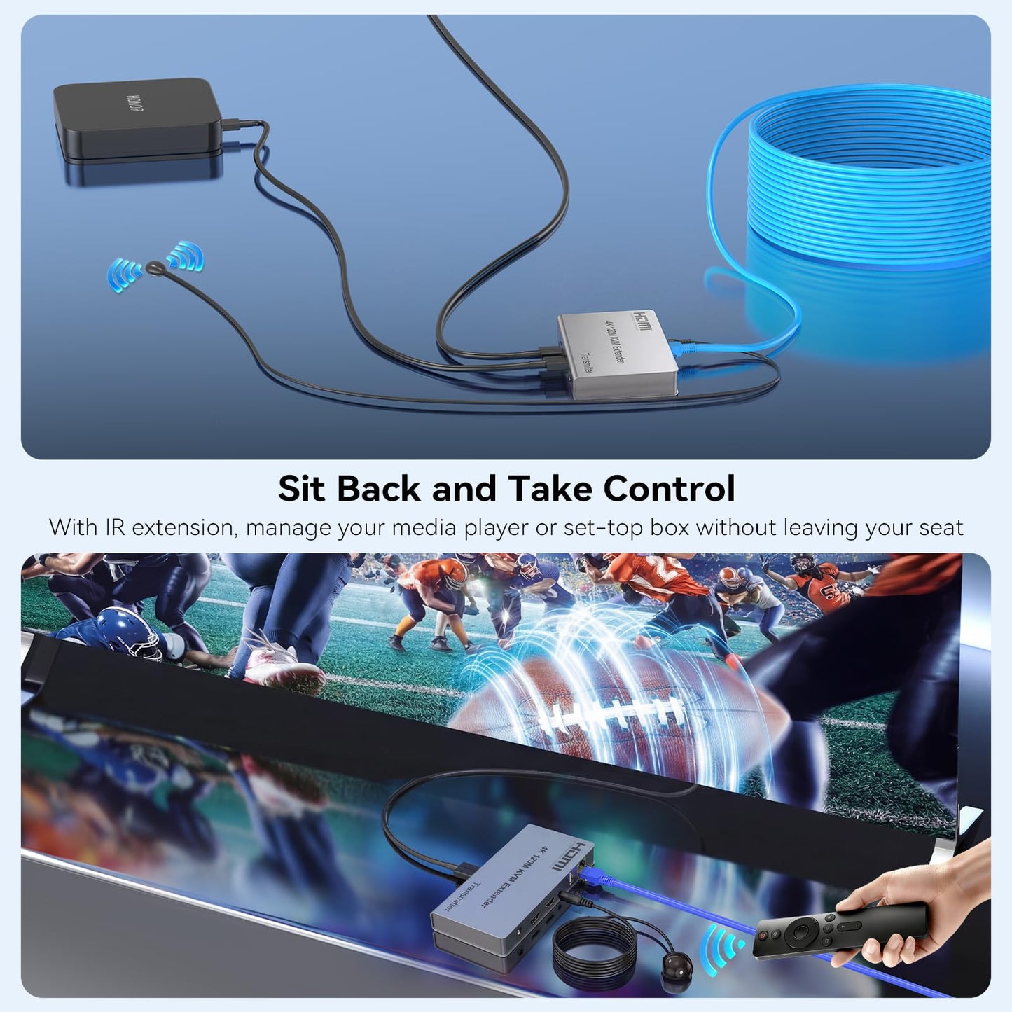 4K HDMI KVM USB Extender, 393ft Over Cat6, with Both Audio Port, Loop Out, IR, HDMI Over Ethernet, Keyboard Mouse Extension for PC, DVR, NVR, TV, Monitor, Projector
