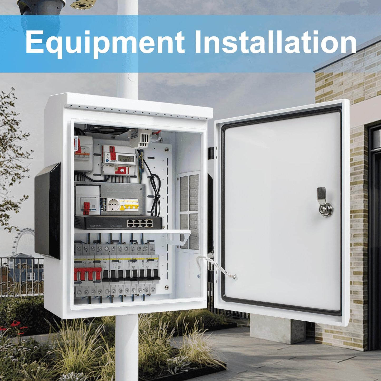 Outdoor Electrical Box with Thermostat and Fan, Cold-Rolled Steel Plate, Aluminum Alloy Back Beam, One-Piece Ventilation Design, IP65 Waterproof, Wall/Pole Mounted. (19.6" x 15.7" x 7.9")