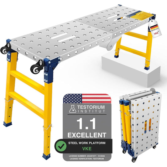VKE Galvanized Steel Large Work Platform Support 1000 lbs 47"x14", Height 23 to 35 inches Adjustable Folding Portable Platform, Corrosion Resistance Platform Ladders with Rollers Easy to Move Store