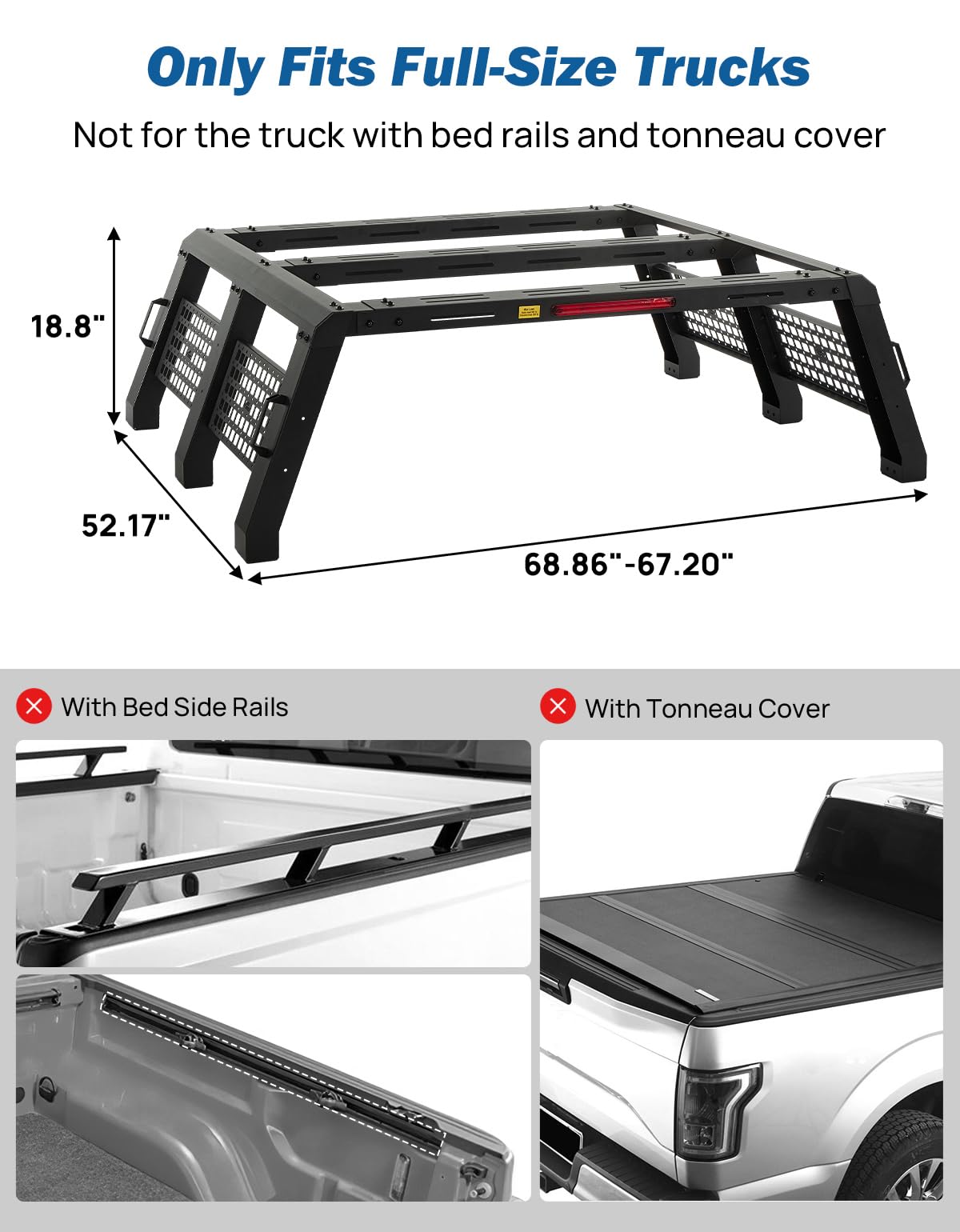 JOYTUTUS Full Size Truck Bed Rack, Overland Bed Racks for Trucks Compatible with F150 F250 F350 Silverado Sierra Ram, 18.8 Inch High Truck Bed Rack for Roof Top Tent, with LED Brake Light Molle Panel
