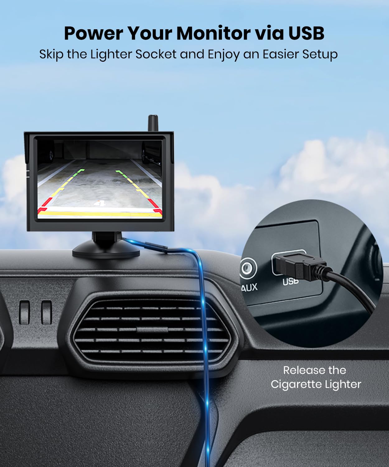 AUTO·VOX 5" Solar Wireless Backup Camera with USB Touch Power Cable, 1080P HD Monitor, No Cigarette Lighter Needed, Portable Power, 5000mAh Battery, IP69K Waterproof for Car Truck SUV