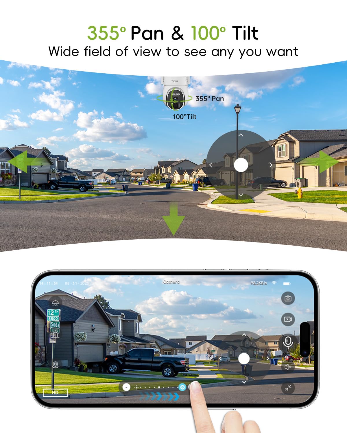 TIEJUS 2.4G/5G Security Cameras Wireless Outdoor, 2K Solar Camera for Home Security, 360° PTZ/3MP Color Night Vision/Battery Powered/2Way Talk/Compatible with Alexa/IP66 Waterproof(2 Pack)