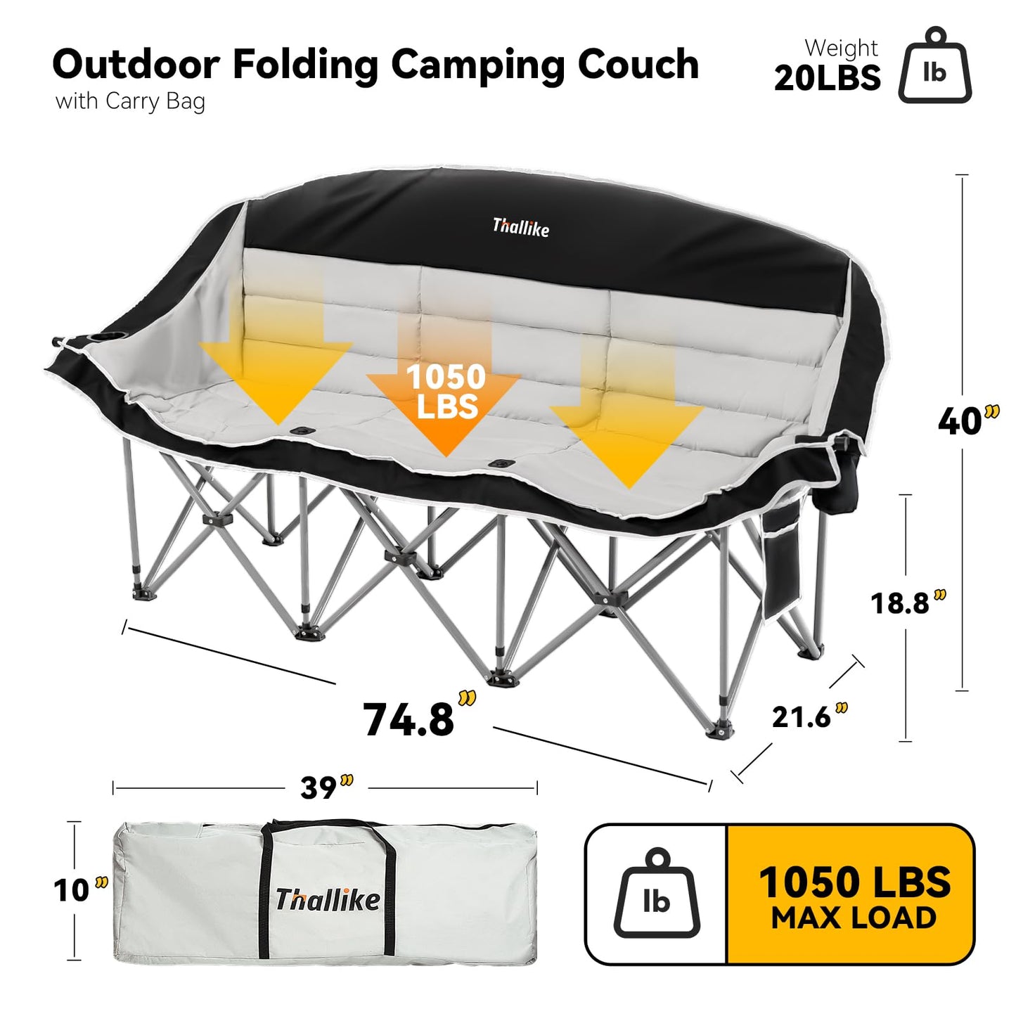 Thallike Double Camping Chair – 2-3 Person Outdoor Folding Sofa with Cup & Wine Glass Holders – Oversized Loveseat Camping Couch for Campfire, RV, Backyard – Supports Up to 1050 lbs