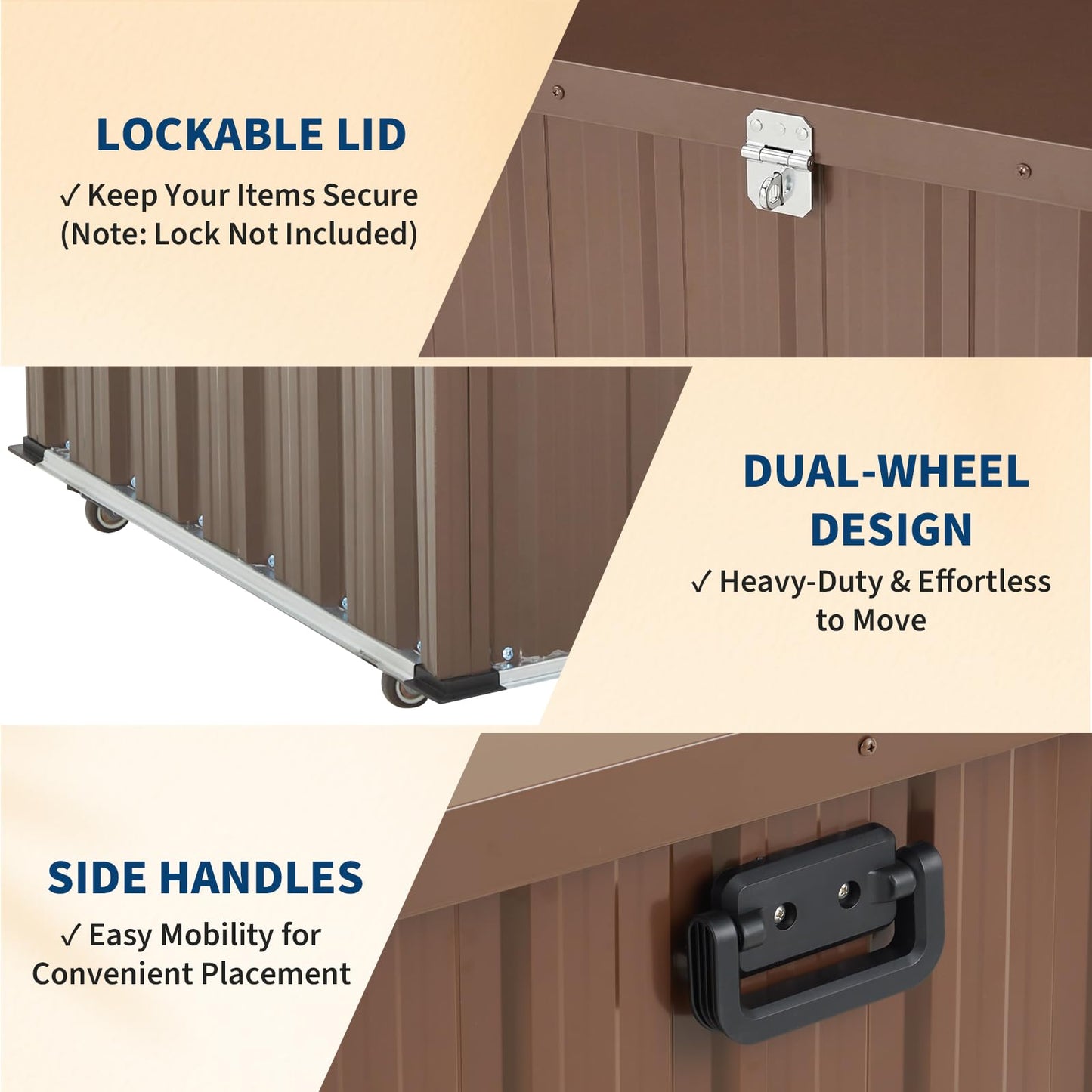 160 Gallon Outdoor Metal Storage Box, Waterproof Steel Deck Box with Lockable Soft-Close Lid, Dual Gas Struts, Wheels, Handles, Large Patio Cushion Tool Pool Storage, Brown,53.15"L x 27.76"W x 29.92"H