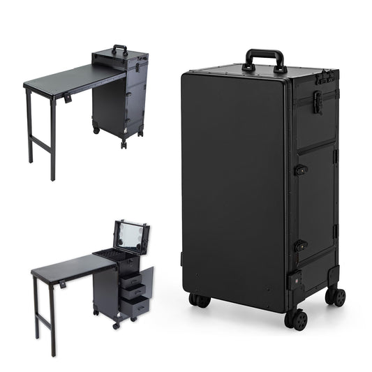 Gdsshuhung Portable Nail Desk with LED Mirror, Heavy Duty Foldable Manicure Table with 3 Drawers, Rolling Makeup Train Case Cosmetology Trolley on Wheels, Mobile Nail Tech Workstation (Black)