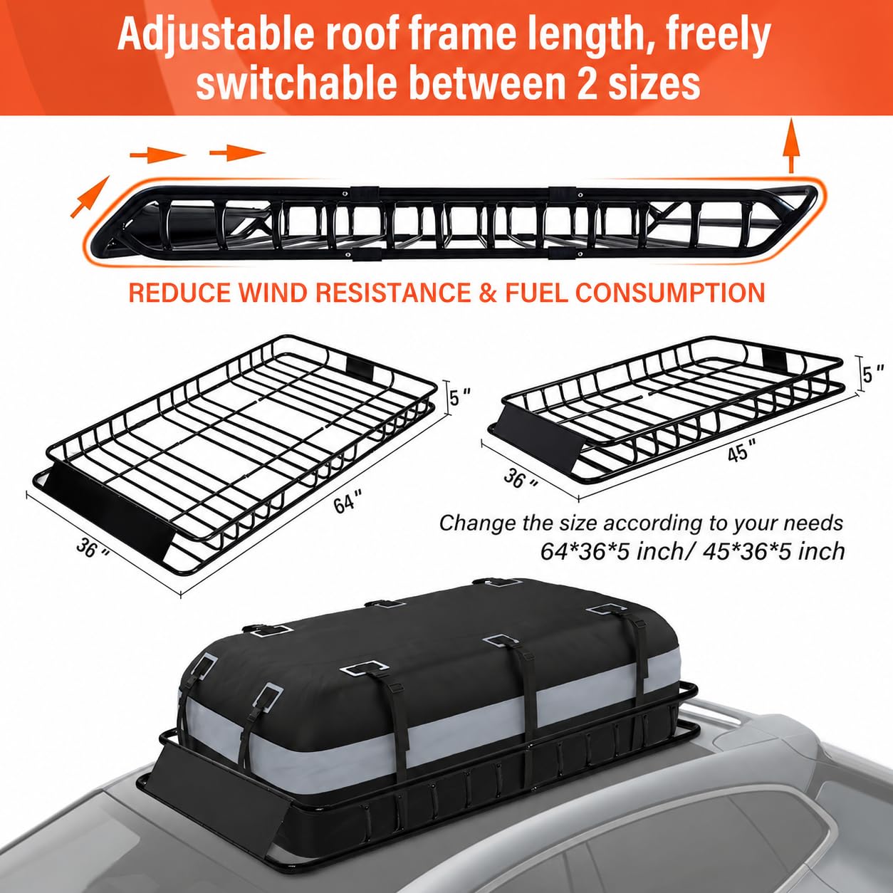Heavy Duty Universal Rooftop Cargo Carrier Roof Rack, 64"x36"x5" Roof Rack Basket with 20 Cu.Ft Waterproof Bag, for SUV, Truck and Van, 250lbs Capacity, Corrosion Resistant (ROOF 64" and Bag)