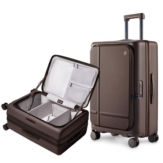 NINETYGO Medium Checked Luggage 25 Inch, Flat Top Opening Check In Luggage with Cup Holder, Expandable, Coffee-Infused PC Hard Shell, Eco-Friendly, TSA Lock, 360° Spinner Wheels (Americano)