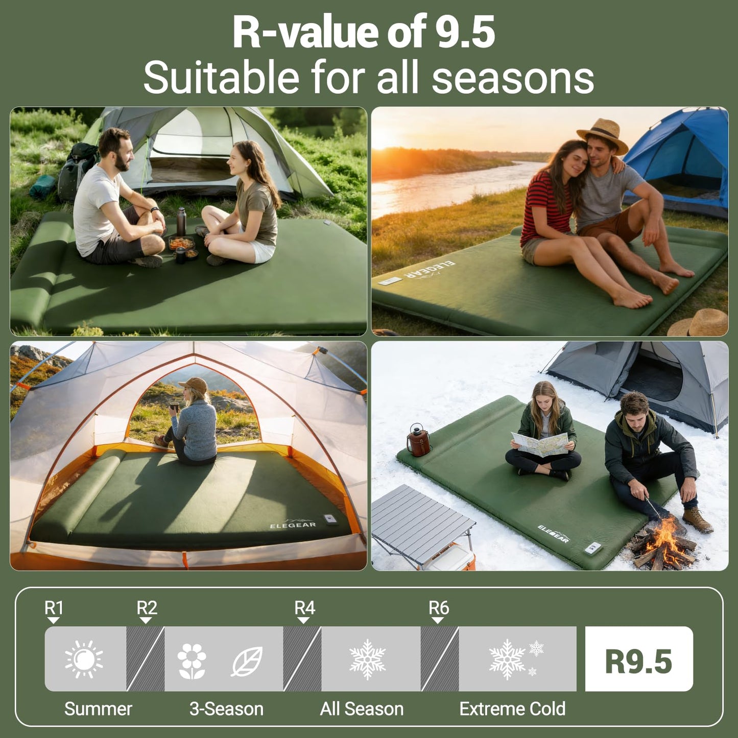 Elegear CumbreX™ Self Inflating Sleeping Pad, Built-in Electric Pump 3.15" Ultra-Thick Memory Foam Camping Mattress Pad with Pillow Double Sleeping Pad for Camping R-Value 9.5 Foam Camp Pad - Queen
