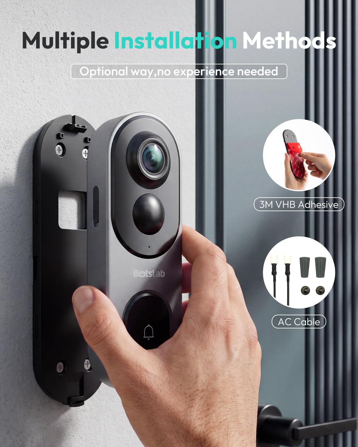 BOTSLAB 5MP Wireless Video Doorbell Camera,180° Head-to-Toe View, AI Motion Detection, VR Mode, Battery or Wired Powered, Package Detection, 32GB SD Card, 6400mAh Battery,Easy Installation,2.4GHz WiFi