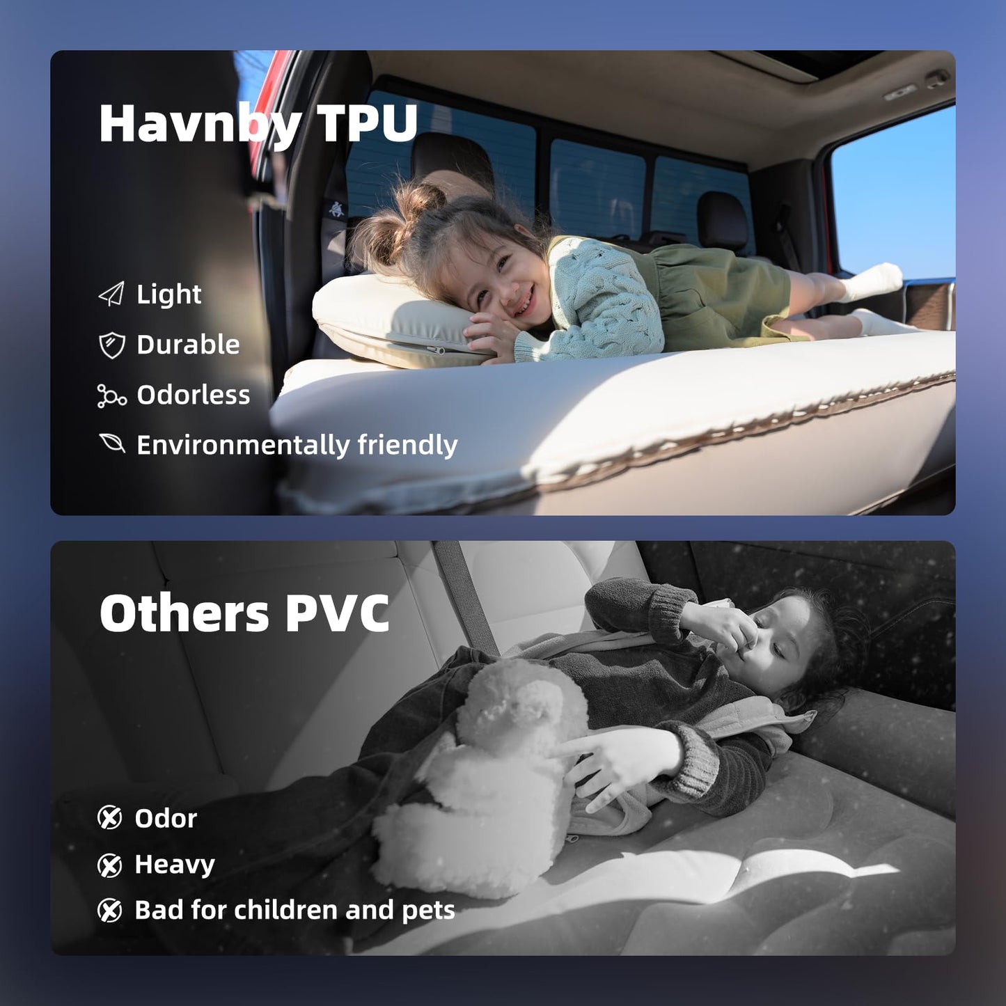 Havnby Truck Cabin Mattress, TPU Air Foam Camping Bed for Back Seat, Inflatable SnugNest with Rechargeable Built-in Pump, Portable Sleeping Mattress for RAM Pickup Trucks