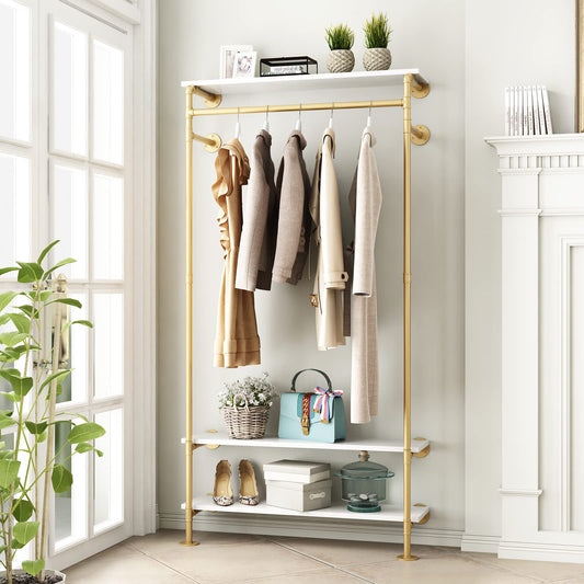 Smlttel Gold Wall Clothing Racks with White Shelves, Wall Mounted Gold Clothes Rack for Hanging Rods，Heavy Duty Industrial Pipe Clothing Racks With Shelves Retail Display Garment Rack for Home