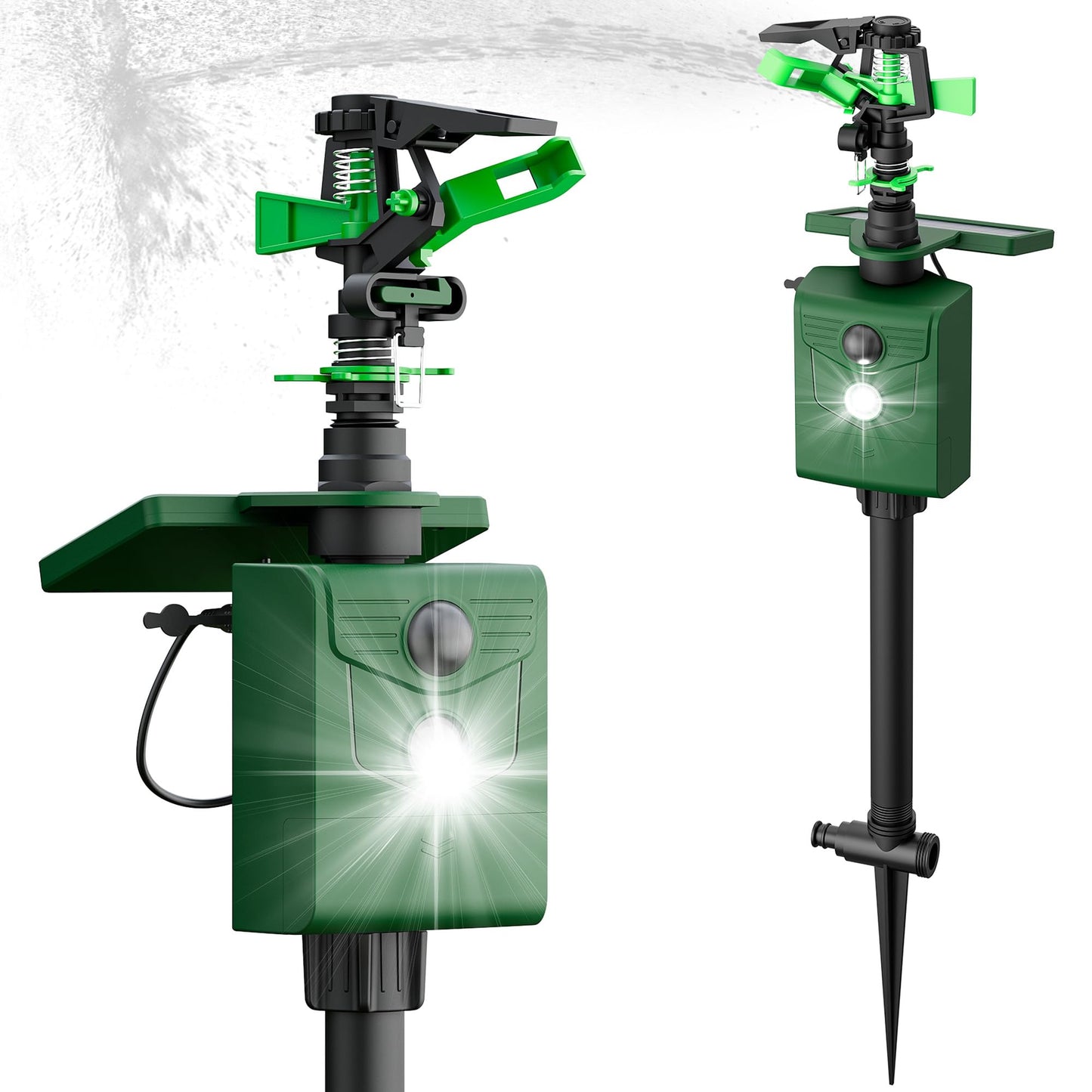 2 Pack Motion Activated Animal Repeller with Water Sprinkler and Flashing Light, Solar Powerd Deer Cat Repellent Outdoor Deterrent - Keep Rabbits Shunks Dog Raccoons Birds Away from Lawn and Garden