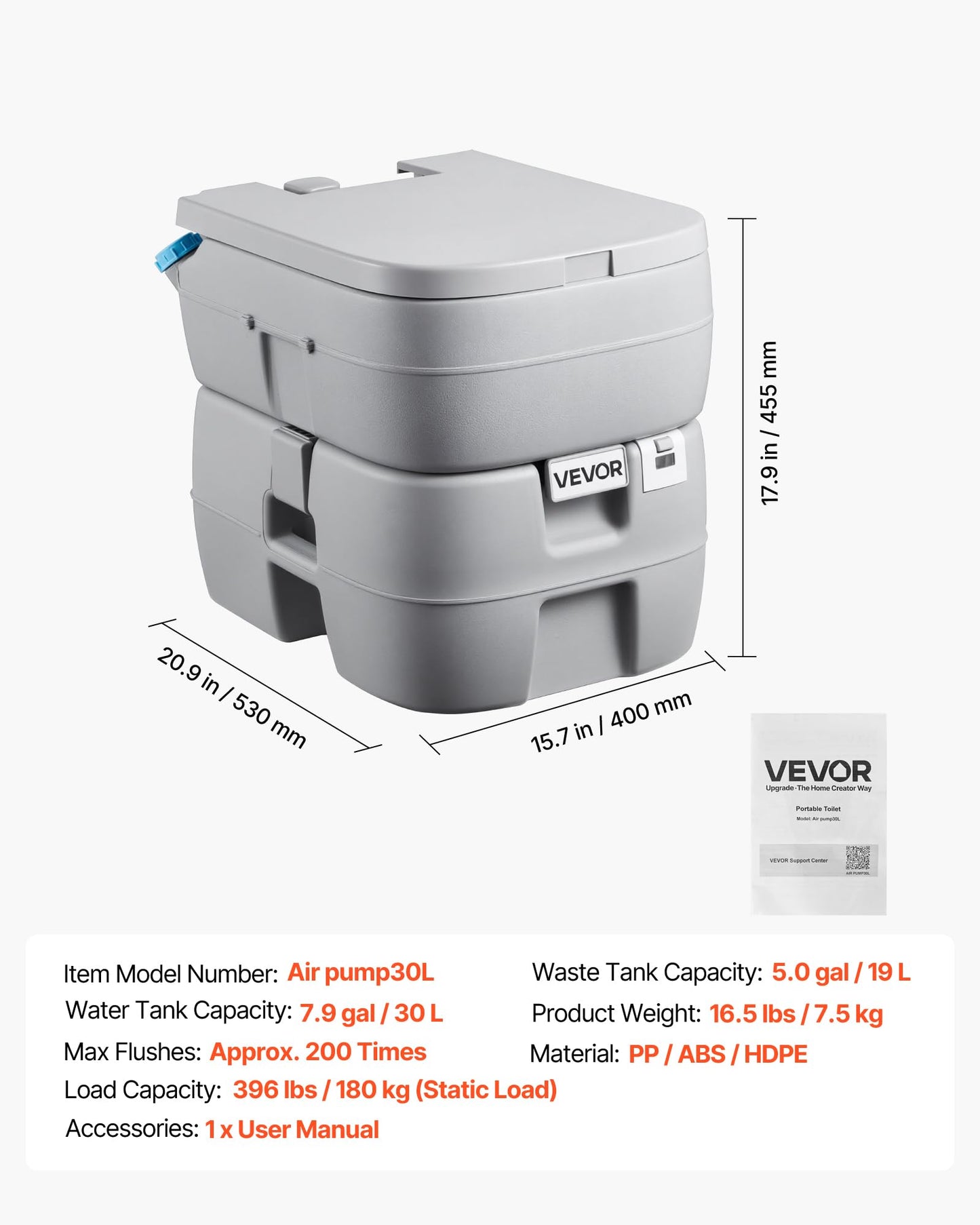 VEVOR Portable Toilet, 7.9 Gal Detachable Waste Tank & 5 Gal Flush Tank, 200 Flushes, Camping Toilet for Adults, Outdoor Porta Potty with Level Indicator, Suitable for RV Travel, Camping, Hiking