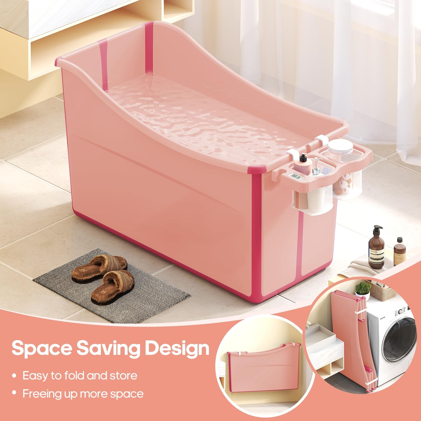 Collapsible Baby Bathtub Foldable Bathtub for Toddler Portable Large Foldable Bath Tub Bathtub for Kids Petite with Thermometer and Storage Basket (Pink)