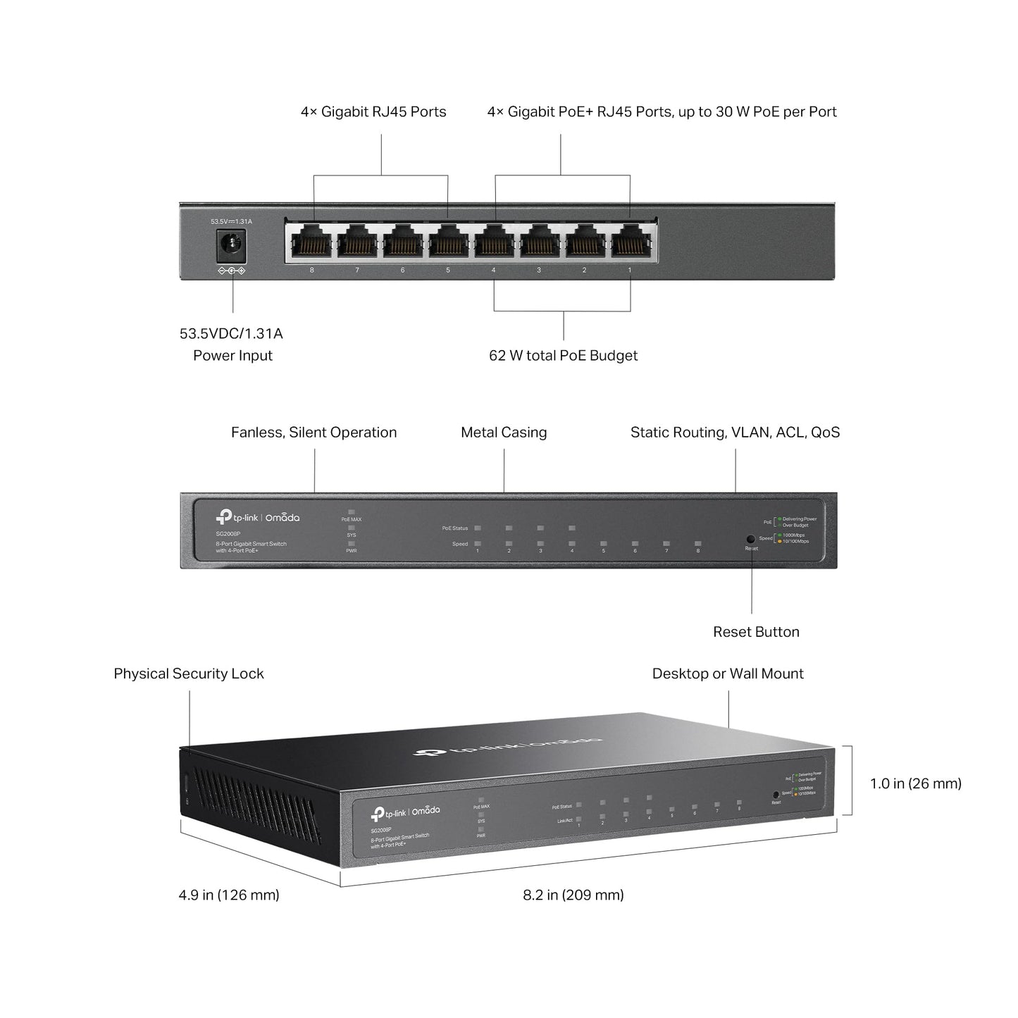 TP-Link TL-SG2008P | Jetstream 8 Port Gigabit Smart Managed PoE Switch | 4 PoE+ Port @62W | Omada SDN Integrated | PoE Recovery | IPv6 | Static Routing | L2/L3/L4 QoS |Limited Lifetime Protection