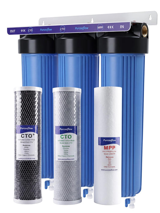 Purcooflow 3-Stage Whole House Water Filter System, PFAS Reduction, 20x4.5 Inch, Includes PP, CTO & PFAS Carbon Block, 1" NPT Brass Ports, Drain Valves, Wrench & Install Kit