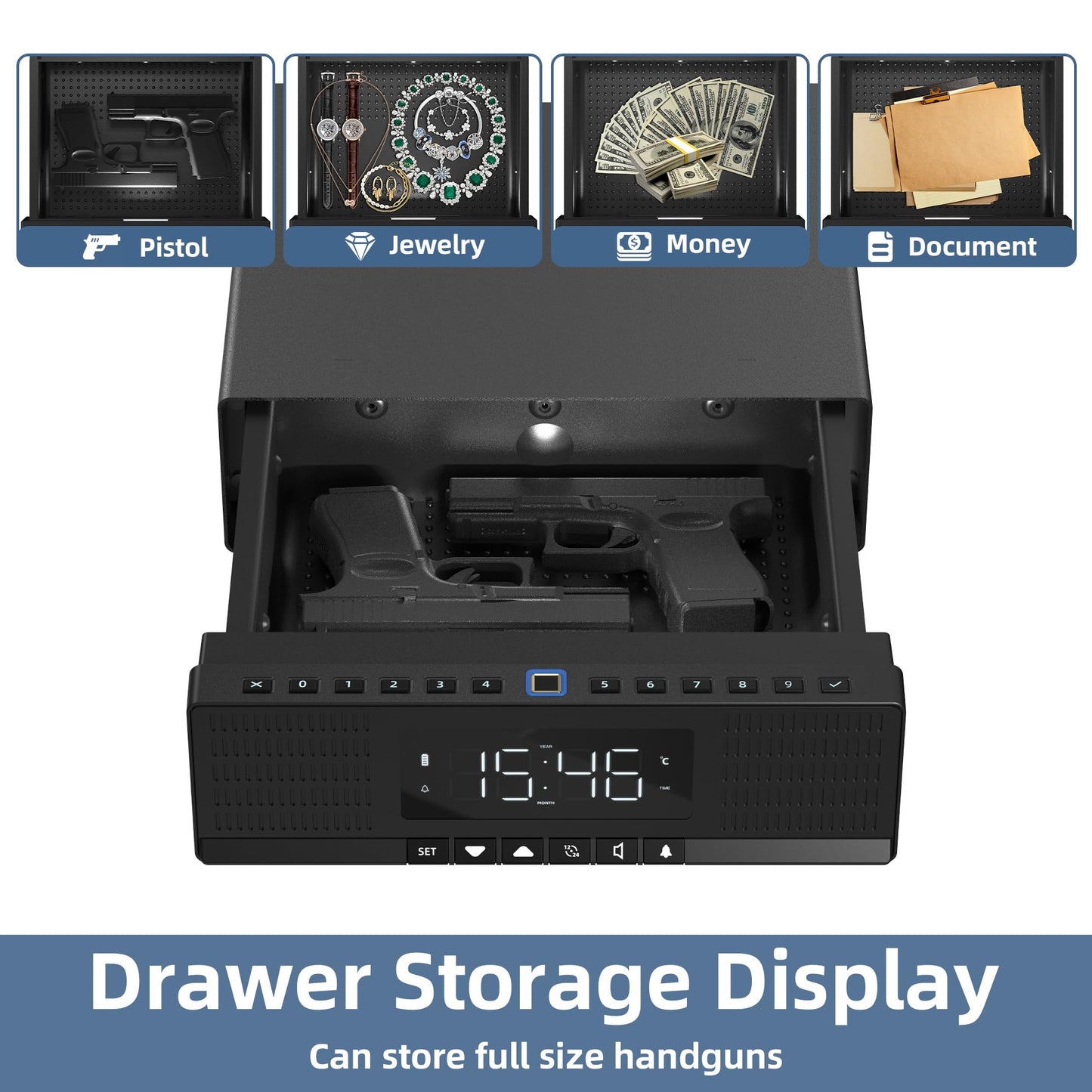 Medunor Smart Security Box, Biometric Fingerprint Safe for Handgun & Valuables, Portable Lock Box with Bluetooth, Anti-Theft Steel Cable, USB Charging, Digital Keypad, Hidden Audio Design