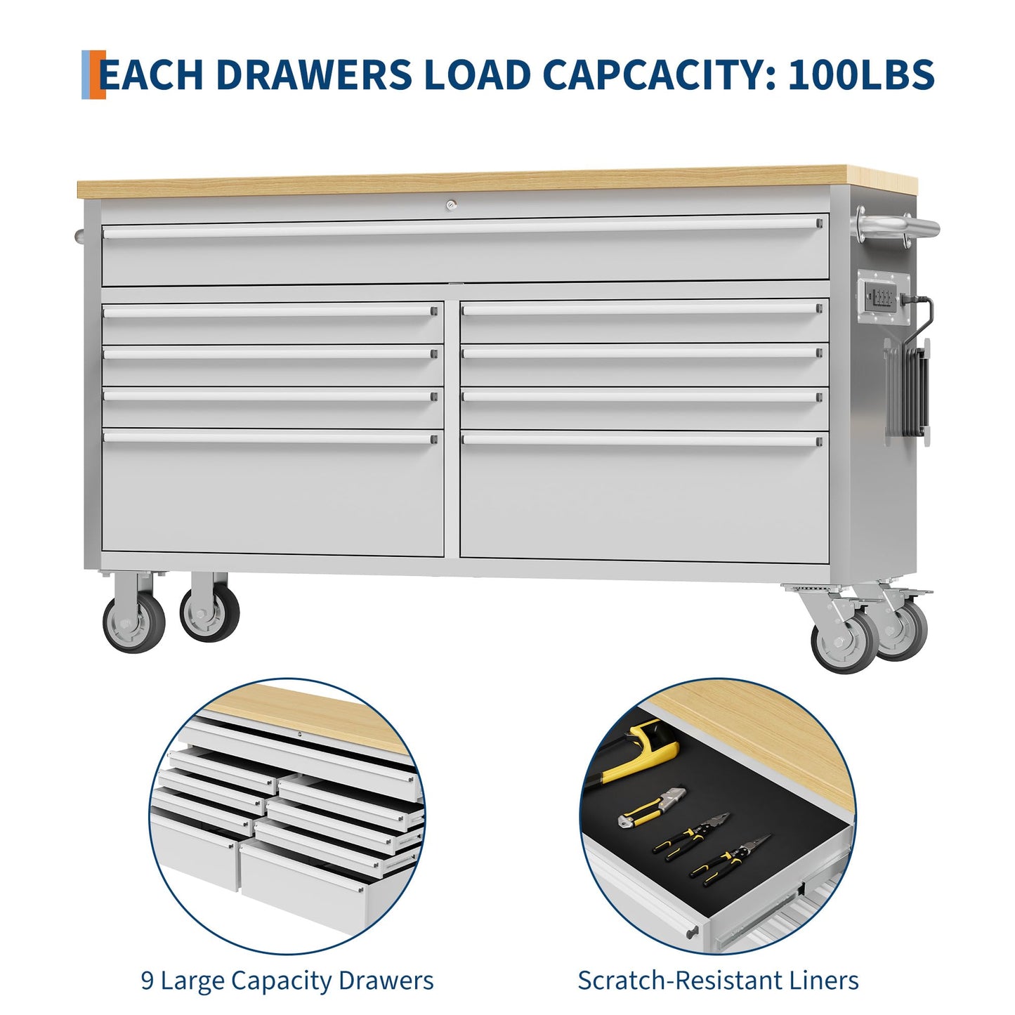 GarveeLife 61-Inch Rolling Tool Chest with 9 Drawers Garage Workbench, Solid Rubberwood Top, Storage Cabinet with Wheel Lock and Key Lock for Workshop, Garage, Kitchen and Home