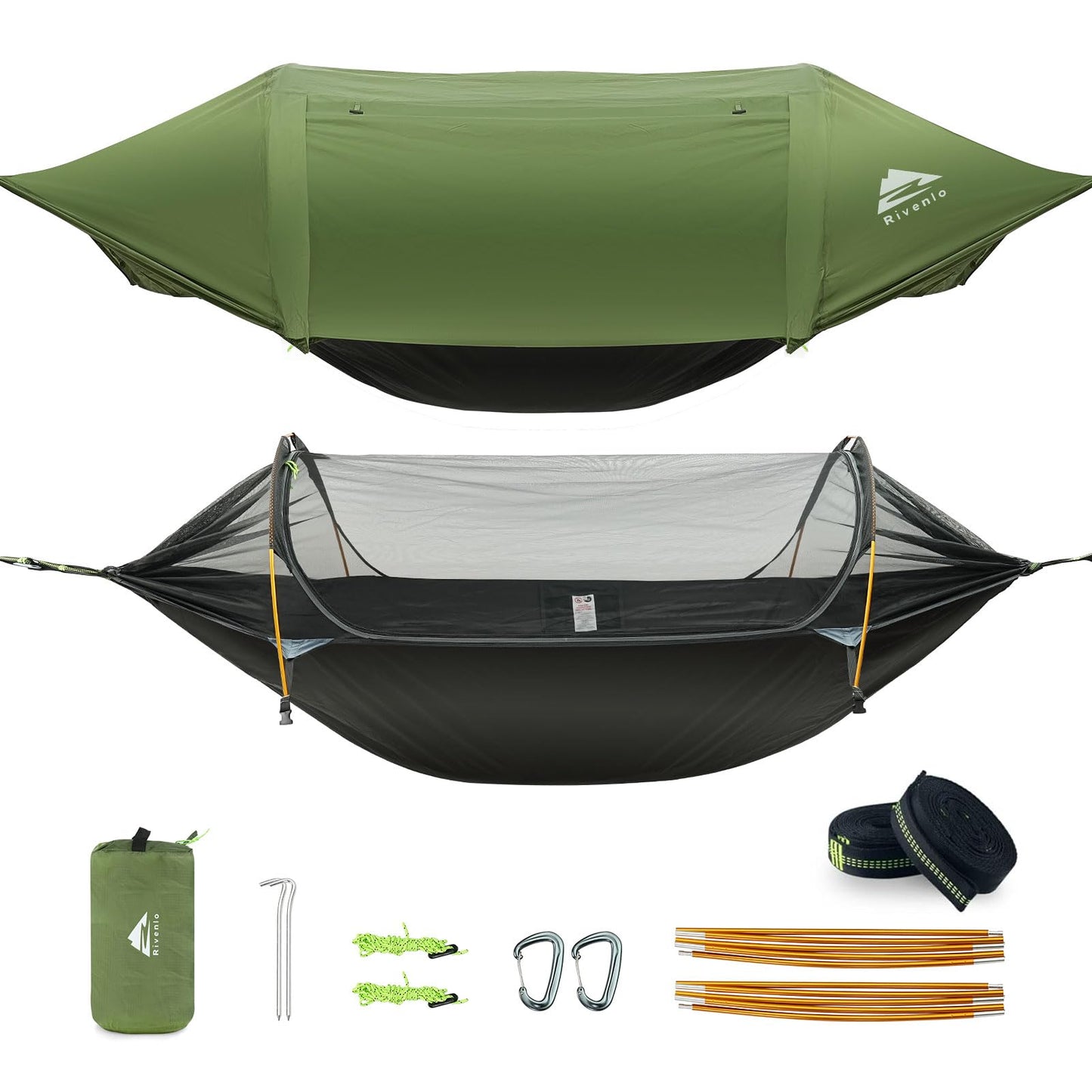 Rivenlo Camping Hammock Tent with Mosquito Net & RainFly, 3 in 1 Waterproof Lightweight Portable Sleeping Hammock Bug Backpacker Travel Outdoor Gear with Tree Strap Swing, for Hiking Patio Expedition