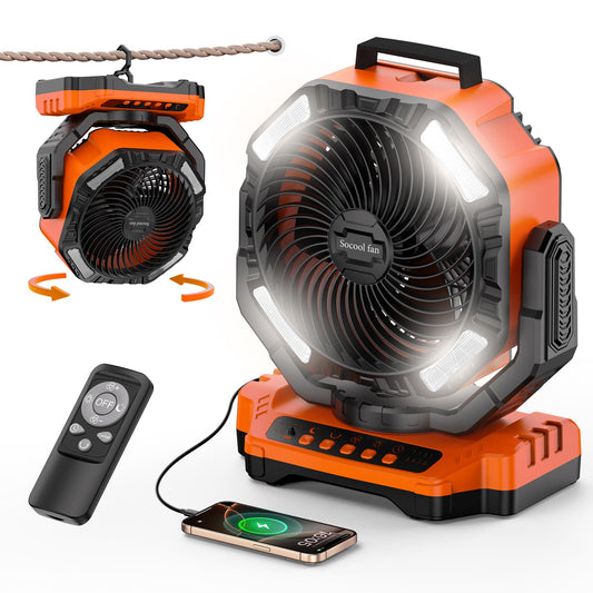 Socool 40000mAh Camping Fan Rechargeable, Battery Operated Portable Outdoor Fan Remote, 136Hrs & 4-Speed Cordless Oscillating, Table Fan with Light & Timer for Tent RV Jobsite Hurricane Power Outage