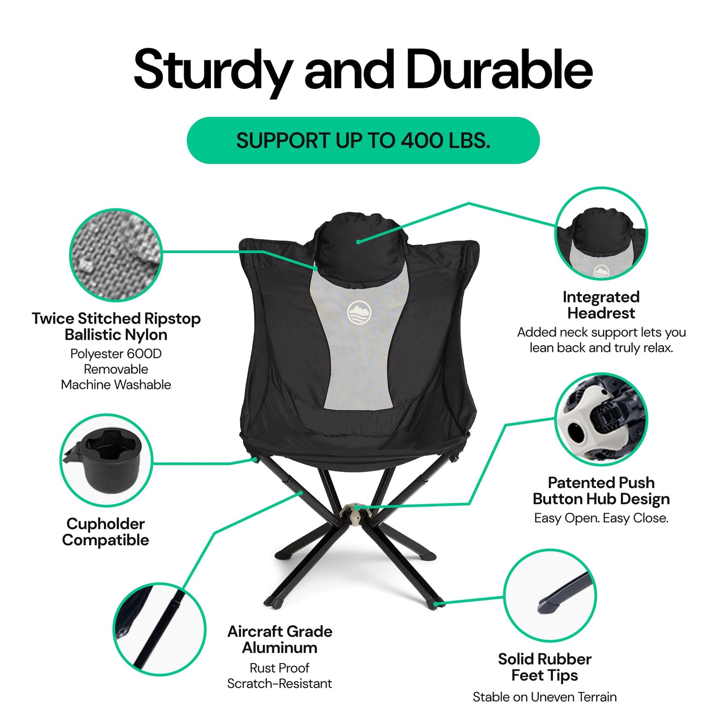 CLIQ EpiQ 1.0 Outdoor Camping Chair - High Backrest Integrated Pillow with MagiQ Hub for Quick Setup, Military Grade Frame Supports 400 lbs (Black)