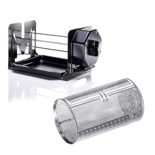 ROTO-Q 360 Cordless Rotisserie Kit w/Tumble Basket - Stainless Steel, Non-Electric - For Grills, Ovens, Smokers - Gas/Charcoal BBQ, Kamado Joe, Green Egg, Kettle - Indoor/Outdoor Use (Black)