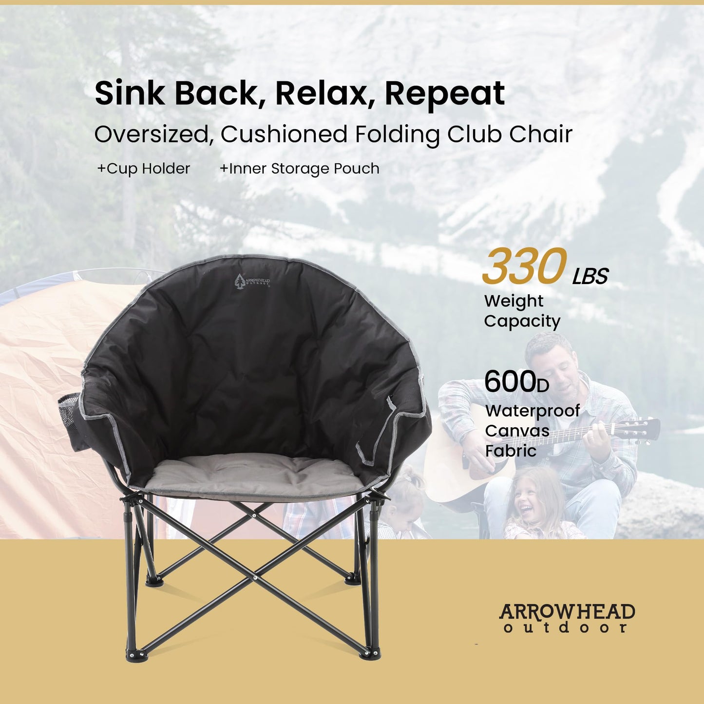 ARROWHEAD OUTDOOR Oversized Heavy-Duty Club Folding Camping Chair with Pocket, Cup Holder, Portable, Padded, Moon, Round, Saucer, Supports 330lbs, Carrying Bag