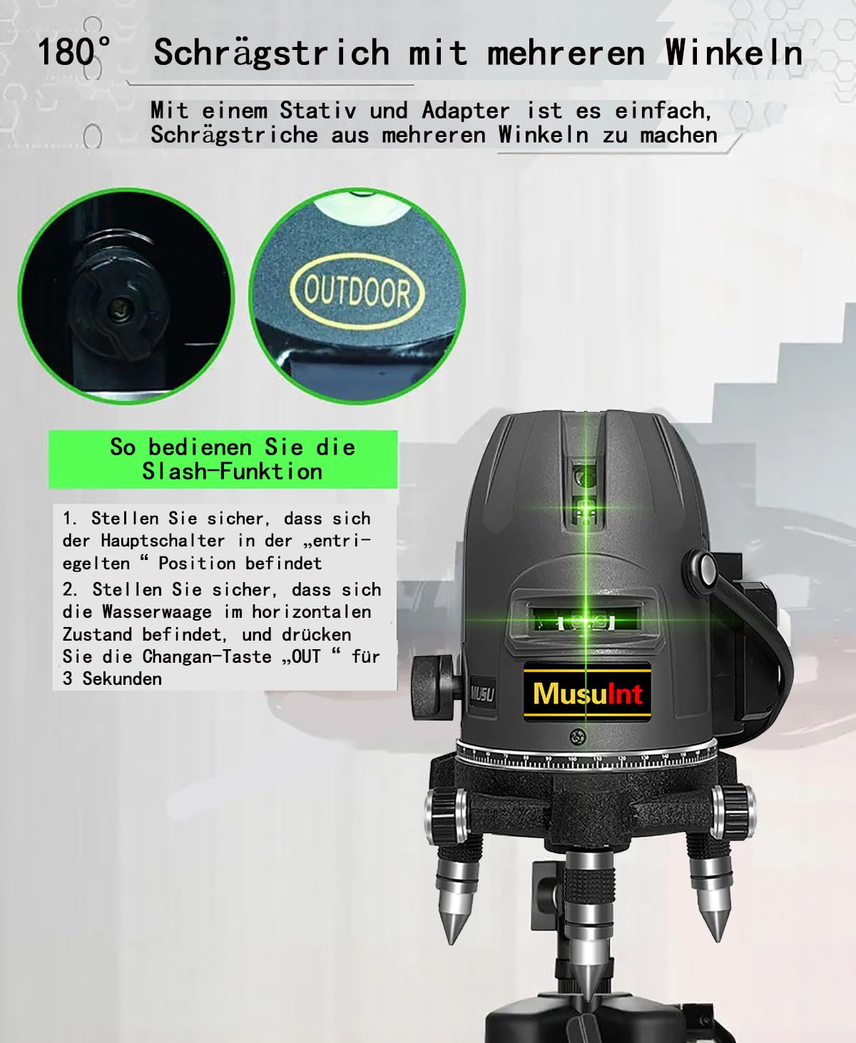 (Outdoor Superbright) 5 Lines Outdoor Green Laser Level 360 Self Leveling Precision Level Tool Super Brightness 5 Strong Light Spots Can Rotate 360 Degrees Digital Lithium Ion Battery High Capacity