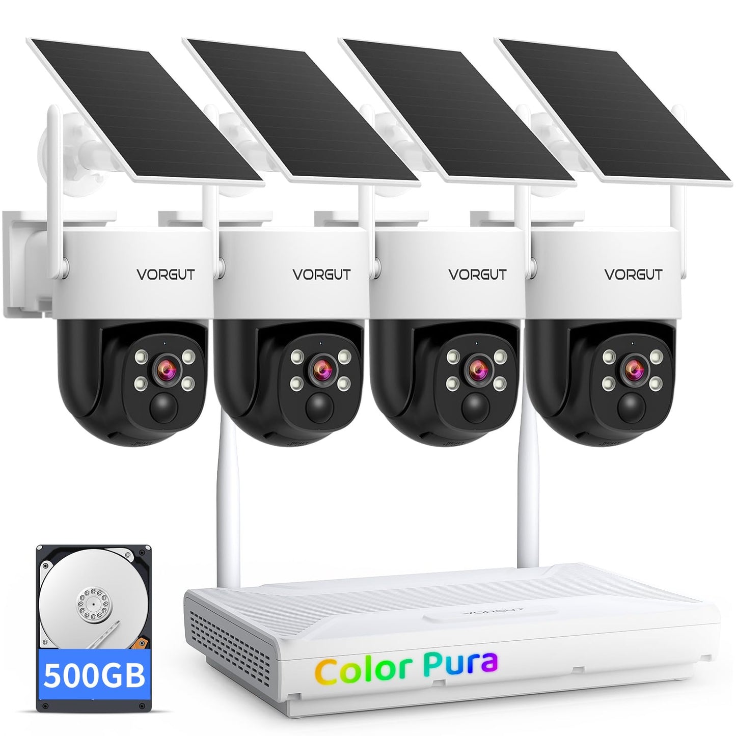 Solar Security Camera System Wireless Outdoor, 4pcs 2K Solar Powered Home Security Cameras, Full Color Night Vision, 360° Pan Tilt, Human Detection, 2.4G/5G WiFi 10CH NVR with 500G HDD