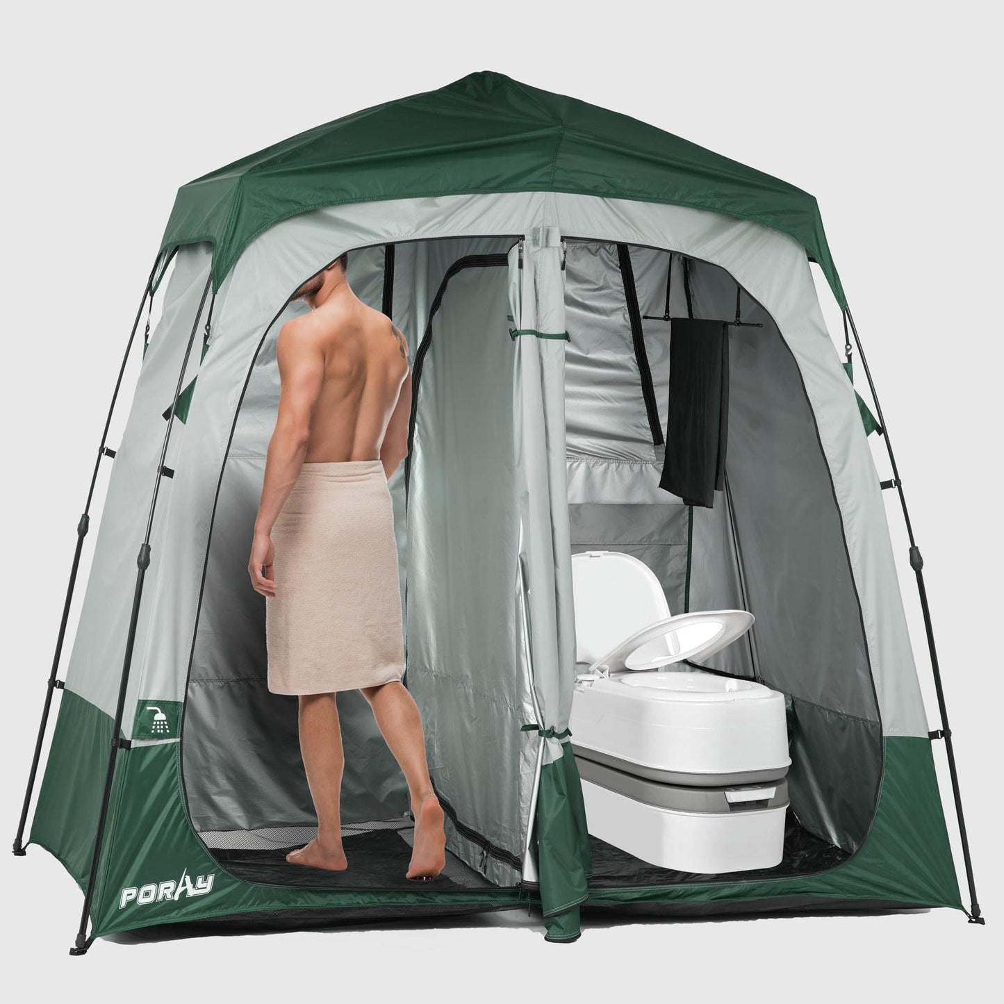 Porayhut Portable Camping Shower Tent Deluxe Changing Room Easy Set Up Privacy Shelter,Large Toilet Tent 2 Rooms with Floor Drain Design for Beach, Camping,Hiking with Stakes and Ropes for Stability