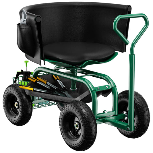 Baotree Garden Seat with Wheels, Rolling Garden Stool with Adjustable 360°Swivel Seat, Storage Basket & Extendable Handle, Outdoor Gardening Scooter, Garden Cart Workseat Stools for Seniors