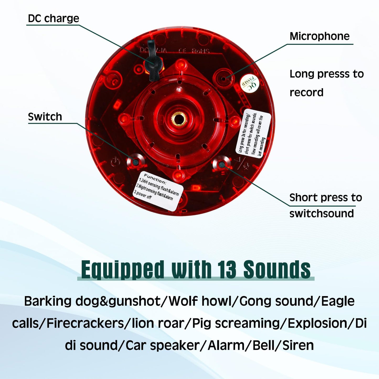 Qualirey 4 Pack Solar Outdoor Motion Sensor Alarm-Dog Barking&Gunshot Sound Support Recording Animal Deterrent for Home Security, 13 Kinds of Sounds (Yellow)