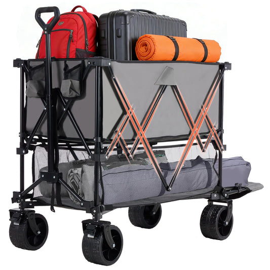 OLIXIS Wagon Cart Collapsible Double Decker 440 lbs Heavy Duty Wagon with All-Terrain Wheels & Adjustable Handle, Portable 400L Storage Utility Cart for Garden, Camping, Sports, Shopping, Grey