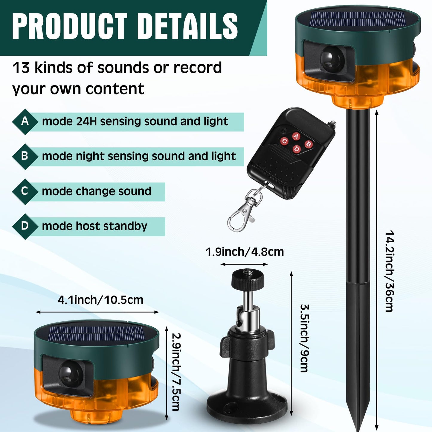Qualirey 4 Pack Solar Outdoor Motion Sensor Alarm-Dog Barking&Gunshot Sound Support Recording Animal Deterrent for Home Security, 13 Kinds of Sounds (Yellow)
