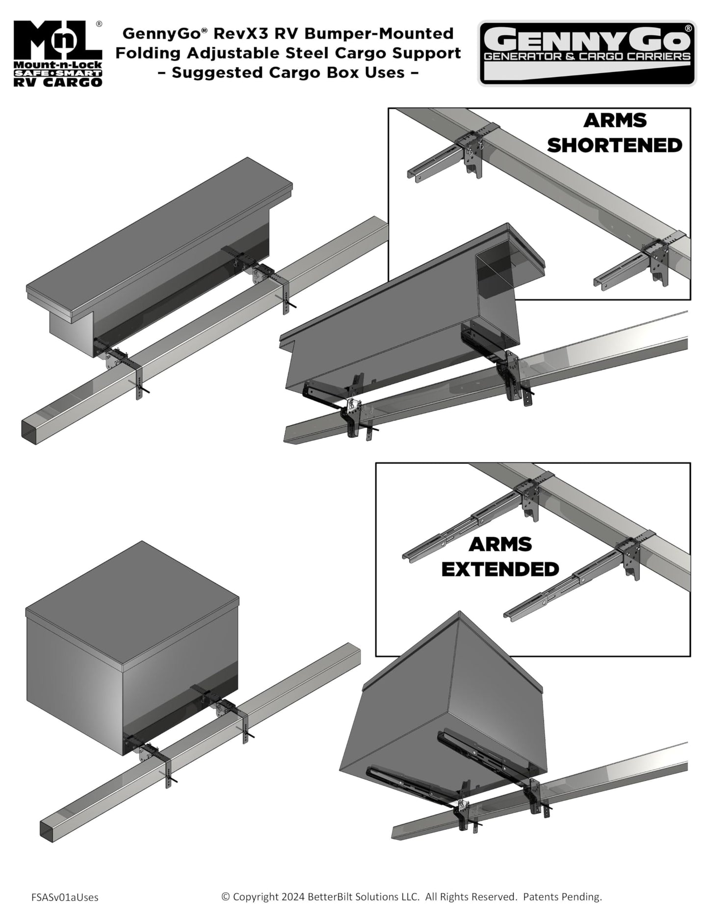 Mount-n-Lock RV Bumper Bundle (2 Items): 1 Set HD SafetyStruts, 1 Pair GennyGo Folding Arms (1SSNHD, 2FSAS)