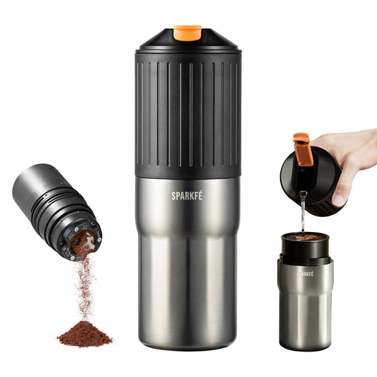 Portable Pour Over Coffee Maker, Rechargeable Electric Grinder with Stainless Steel Conical Burr, Integrated Hand Brew Kit with Stainless Steel Filter Dripper & Travel Mugs, for Camping, Outdoors