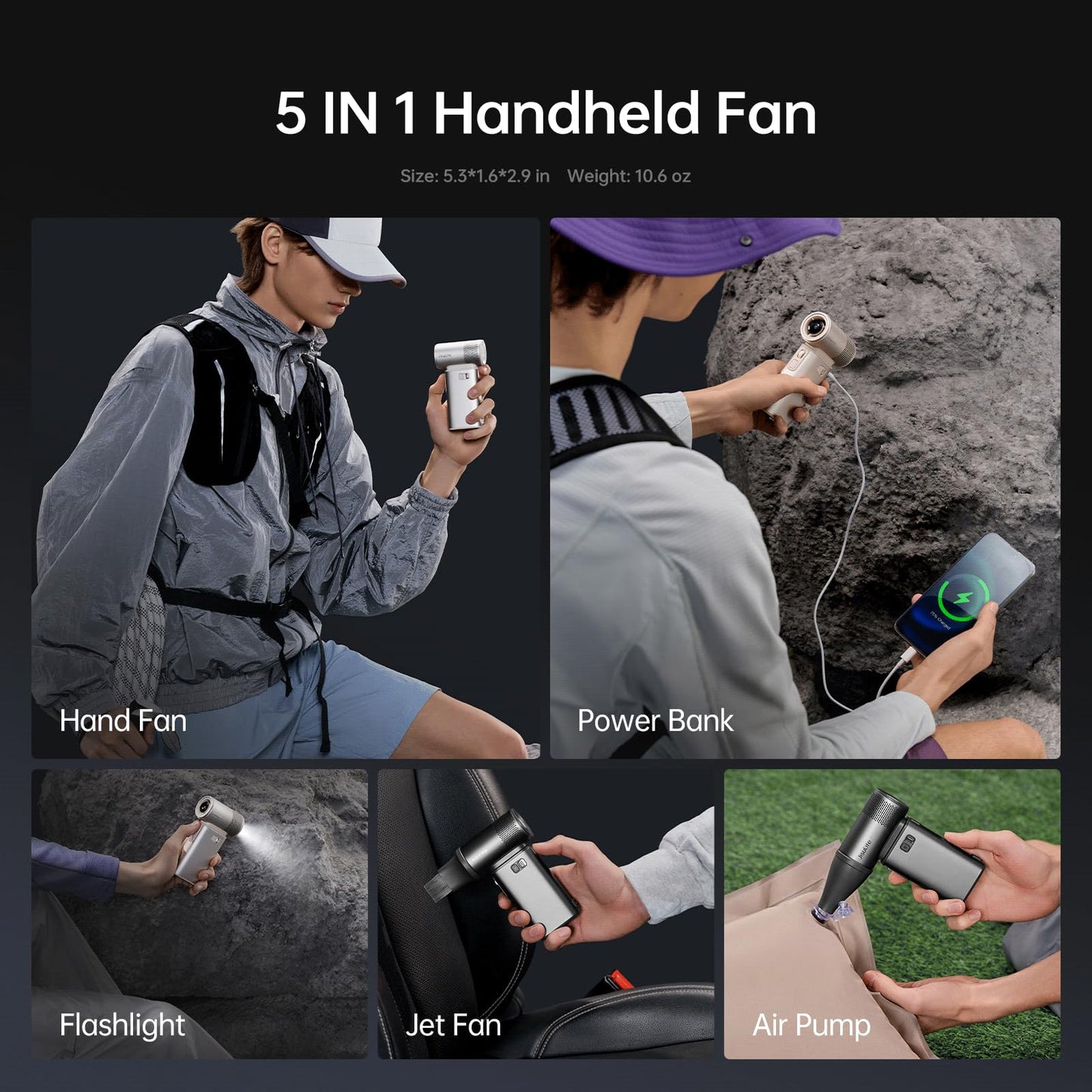 JISULIFE Portable Handheld Fan Ultra2 9000mAh, Max 25 Hrs, 5 IN 1, 100 Speed Turbo Fan, Rechargeable 18W Power Bank with Flashlight, Metal Shell Multi-Function Travel Essentials Gifts for Men-Grey