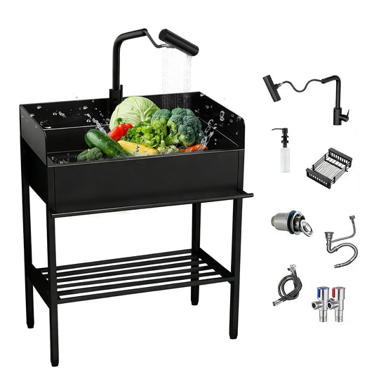 Fdzylyg Stainless Steel Utility Sink with 3-Sided Splash Guard,36" Freestanding Outdoor Sink with Pull-Down Sprayer & Storage,Commercial Single Bowl Laundry Sink for Garage,Backyard,Garden,Black