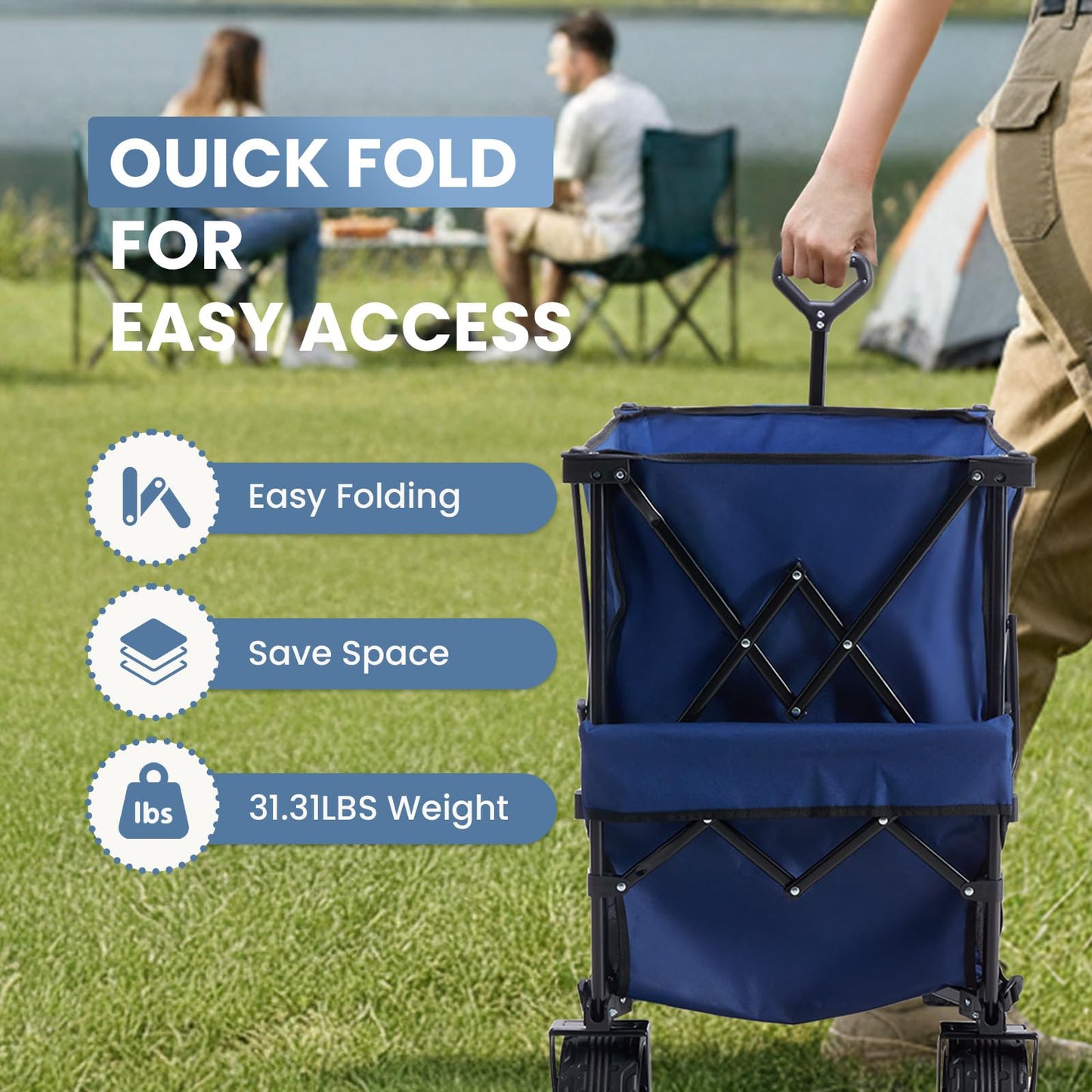 DUMOS 440LBS Heavy Duty Double Decker Wagon Cart with Extender, 400L Large Capacity Collapsible Folding Wagons with Brakes, Adjust Handle, All-Terrain Big Wheels for Garden Shopping Camping - Blue